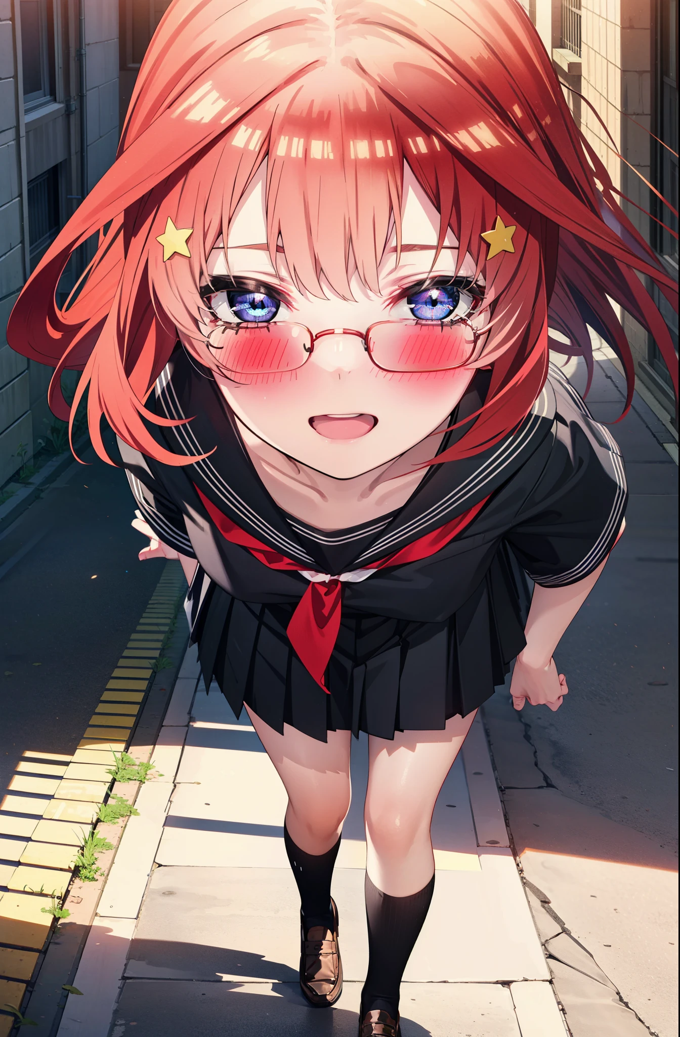 itsukinakano, Itsuki Nakano, bangs, blue eyes, Hair between the eyes, Ahoge, Redhead, star \(symbol\), hair ornaments, star 髪飾,blush,smile、happy smile, smile, Open your mouth,Akagi Glasses,Big Breasts,Japanese schoolgirl(Black Sailor Suit),Short sleeve,Black pleated skirt,Knee socks,Brown Loafers,walk,morning,morning陽,The sun is rising,whole bodyがイラストに入るように,walk,Looking down from above,
break outdoors, city,construction area,
break looking at viewer, whole body,
break (masterpiece:1.2), highest quality, High resolution, unity 8k wallpaper, (shape:0.8), (Beautiful details:1.6), Highly detailed face, Perfect lighting, Extremely detailed CG, (Perfect hands, Perfect Anatomy),