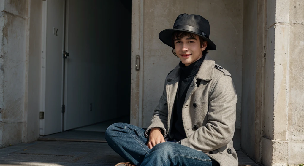 best quality, masterpiece, cielv2, 1boy, solo, looking at viewer, light smile, hat, coat, formal,sitting