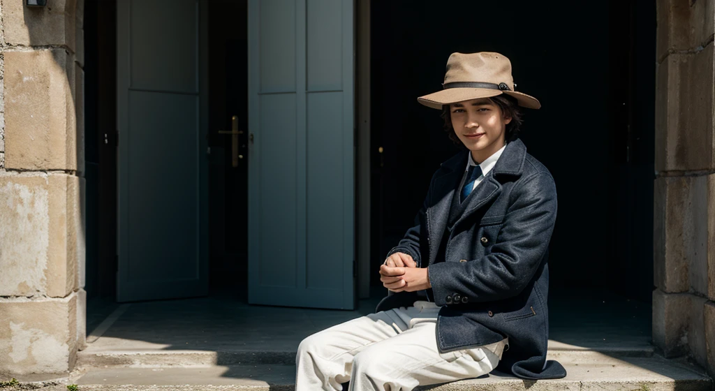 best quality, masterpiece, cielv2, 1boy, solo, looking at viewer, light smile, hat, coat, formal,sitting