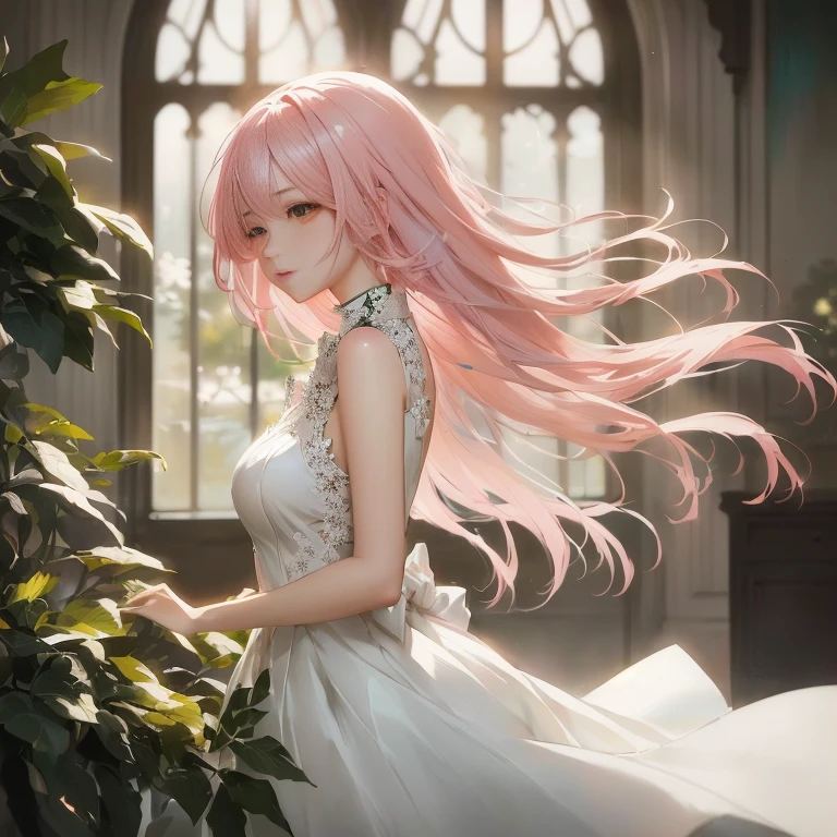 anime girl with pink hair and white dress standing in front of a window, guweiz on pixiv artstation, artwork in the style of guweiz, guweiz on artstation pixiv, trending on artstation pixiv, smooth anime cg art, detailed digital anime art, anime art wallpaper 8 k, anime. soft lighting