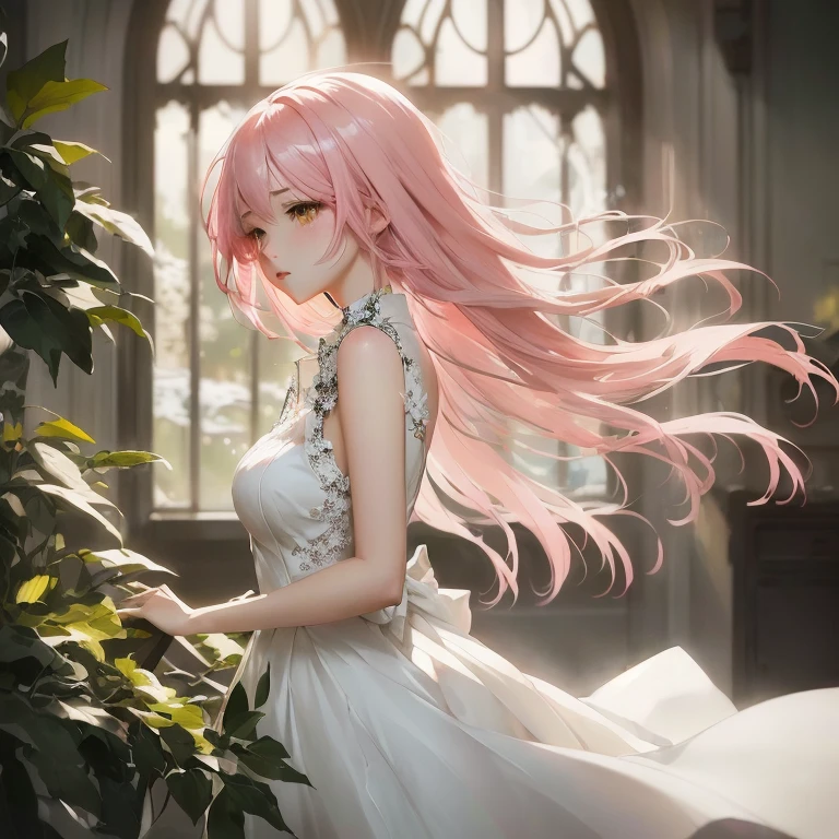 anime girl with pink hair and white dress standing in front of a window, guweiz on pixiv artstation, artwork in the style of guweiz, guweiz on artstation pixiv, trending on artstation pixiv, smooth anime cg art, detailed digital anime art, anime art wallpaper 8 k, anime. soft lighting