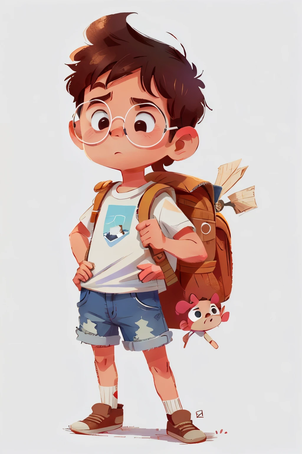 Little Explorer Joãozinho, with a serious and determined expression, stands against a pristine white background in various playful poses and facial expressions. The illustration style is reminiscent of children's books, maintaining a simple, yet captivating charm.
Joãozinho, at the tender age of 6, is adorably represented as a cute little boy. He has short, straight, dark hair, and is pictured wearing a clean white shirt and denim shorts. Unlike the rest of his outfit, his backpack is a rich, earthy brown, completing his explorer ensemble. There is no belt, no hat, no book, and no glasses on this young adventurer. The