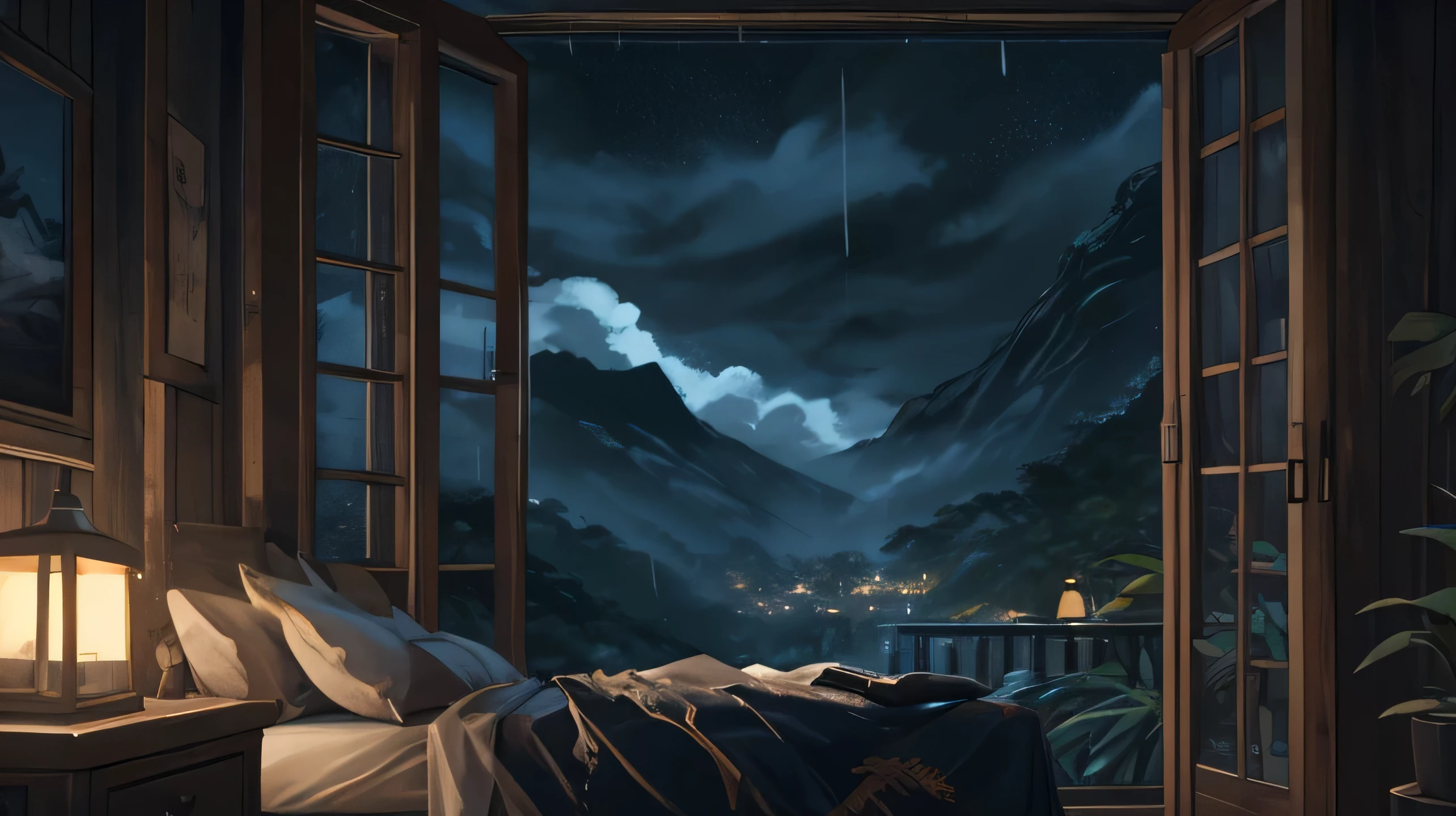 animation feeling. Alpine jungle resort. Low lighting. Darkness. Heavy rain night. Looking out from the bedroom. Darkness and heavy rain emphasis. Draw the rain more realistically. You have to look out the window. Thick raindrops flow through the window. It feels like a typhoon. Mysterious atmosphere. Rest. Comfort. No rain indoors.