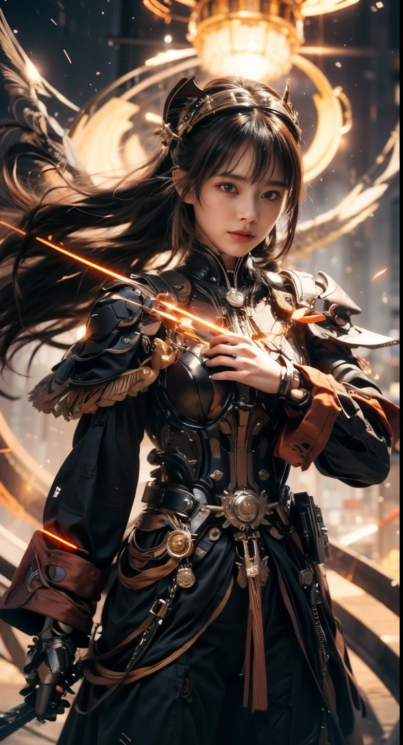 (top-quality:1.2, masterpiece)、ultra high resolution、extremely ultra surrealism, (Photorealsitic:1.4)、Raw photo、(Steampunk Battle Cyborg fallen angel)、(large mechanical bat wings)、black porcelain body、red  hair、glowy skin、1 Cyborg girl、(mechanical frame:1.3)japanese, extremely cute face,  ((super realistic details))、portrait、globalillumination、Shadow、octan render、8K、ultrasharp、character edge light、Details of complex ornaments、Acrylic Clear Cover、Sumerian details、Hydraulic cylinder、Small LED lamp、highly intricate detail、Realistic light、a purple eye、radiant eyes、Facing the camera、neon details、cowboy  shot、Futuristic headgear、About Cyberpunk