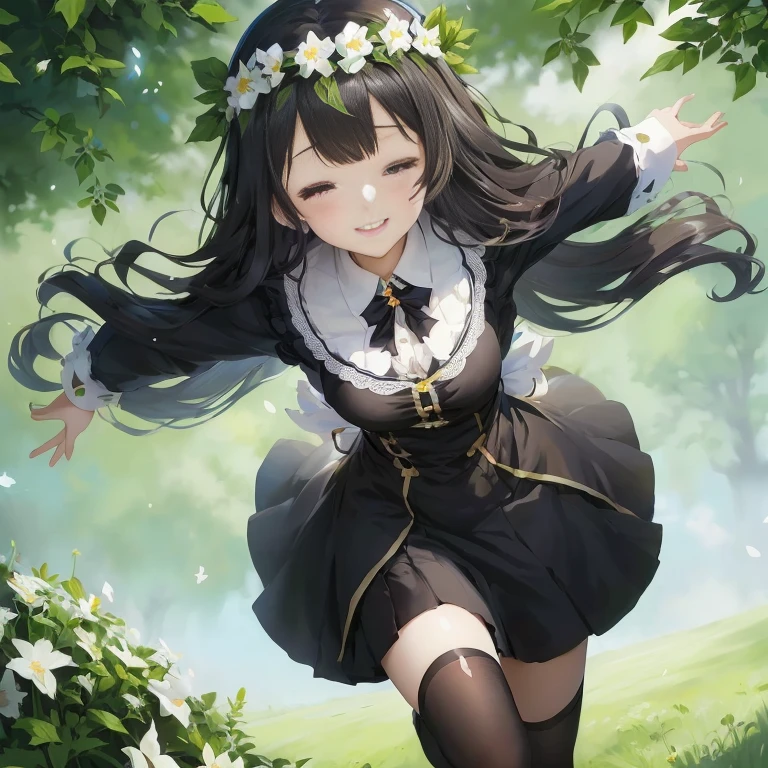 anime girl in a dress and flower crown running through a field, anime moe artstyle, marin kitagawa fanart,  in dress, [[[[grinning evily]]]], anime visual of a cute girl, from girls frontline, guweiz on pixiv artstation, girls frontline style, shikamimi, , hestia