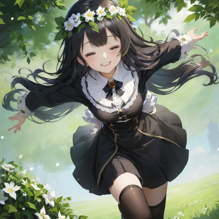 anime girl in a dress and flower crown running through a field, anime moe artstyle, marin kitagawa fanart,  in dress, [[[[grinning evily]]]], anime visual of a cute girl, from girls frontline, guweiz on pixiv artstation, girls frontline style, shikamimi, , hestia
