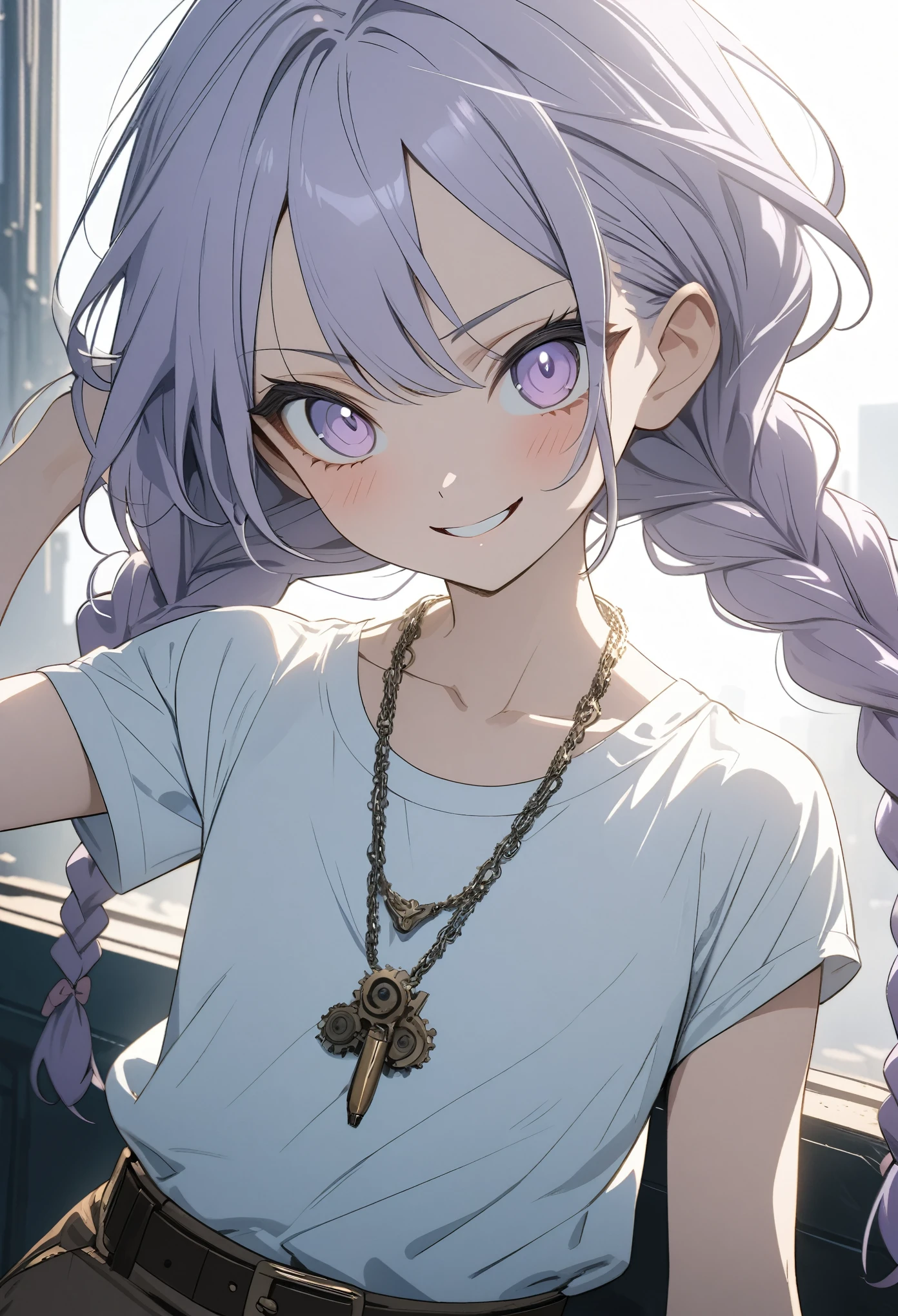((Masterpiece)), (highly saturated), (Anime:1.5), ((best quality)), (sketch:0.3), (best quality:1.2), (Professional Photography:1.2), (12 years old), ((1girl)), Textured skin, cinematic lighting, intricate details, pale purple hair, cute teenage girl, (evil smile), lower eyelashes, (twin braids), single elbow glove, ragged short shorts, cute white shirt, Thin chain necklace, belt, bullet, upper body, potrait, (cute pose), ((on the steampunk city)),