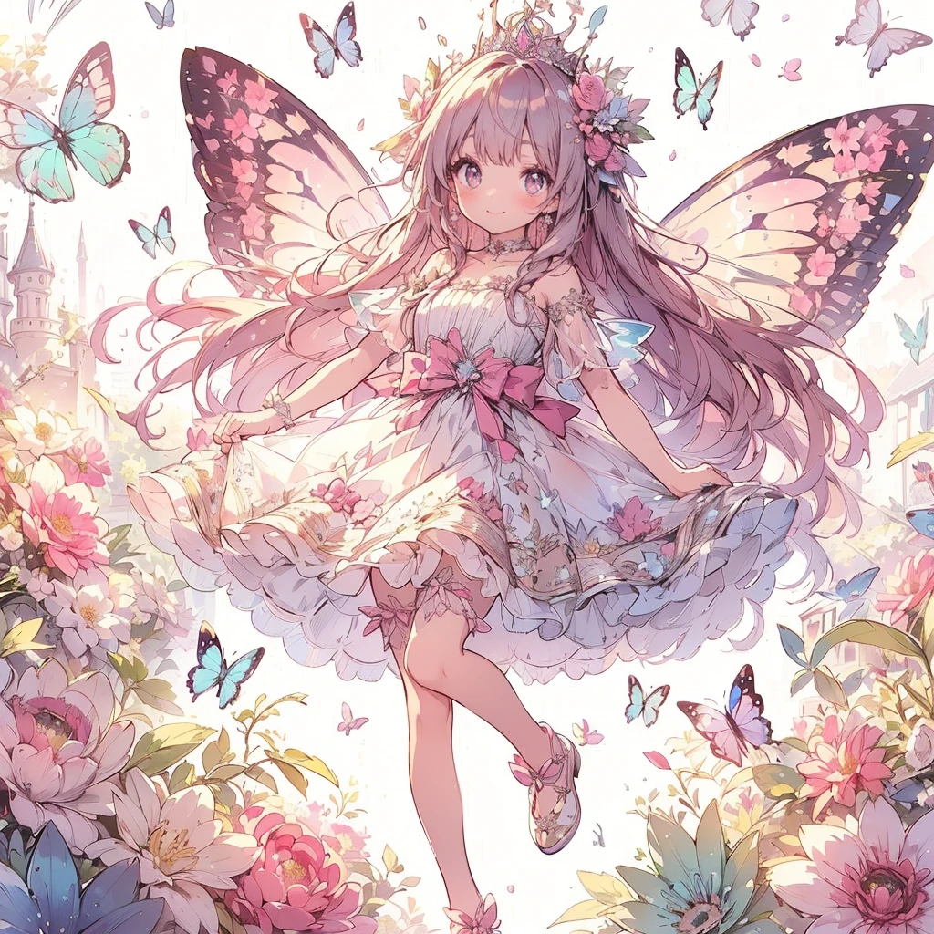 (Exquisite, beautiful, Very detailed, masterpiece, High resolution,high quality,High resolution),(Well-formed face,Soft and thin lines: 1.2, beautiful, Delicate and vivid illustrations with a mature and clear feel), A fairy princess with butterfly-like wings is walking with a smile in a gorgeous garden filled with flowers.,whole body,Princess's Castle,flower,flower petals,(Transparent fairy wings grow from your back), (Dazzling Smile), (tiara, Earrings, choker), Ball Gown Dress,Ribbons, lace and frills, (Pale pink blush, Plump pink lips,Large Bust,Fair skin, Good style),Bright colors,Eye-catching colors,Dynamic Angles