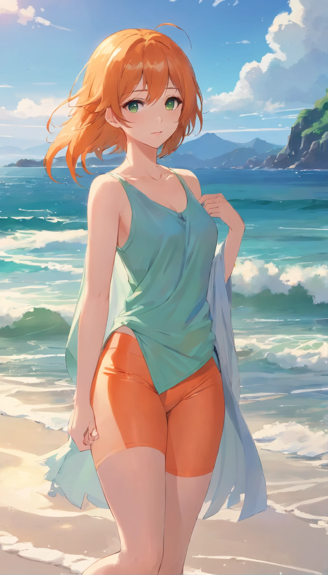 anime girl with long orange hair standing on beach near ocean, green eyes detailed digital anime art,, anime girl with long hair, smooth anime cg art, anime girl with long hair, average breast size, digital anime art, artwork in the style of guweiz, beautiful anime portrait, photorealistic anime girl render, beautiful anime girl, advanced digital anime art, pantyhose, guweiz on artstation pixiv upscale HD UHD HQ
