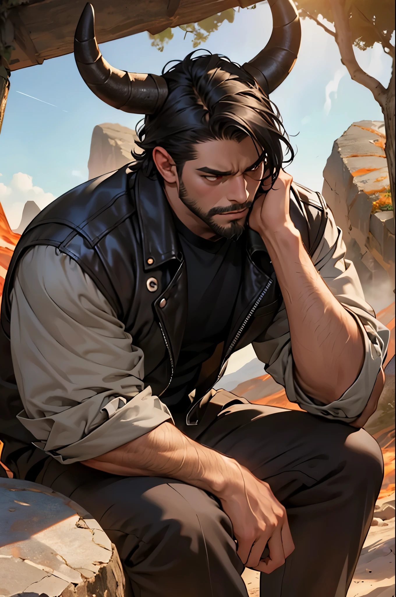 masterpiece, best quality ), 1man, beefy, tan skin, red eyes, short black hair, intricate, (on rocky volcanic planet), horns, sitting down, close up, stressed, thinking, middle-aged, NO SMILE, leather clothes, upset, beard stubble, looking away