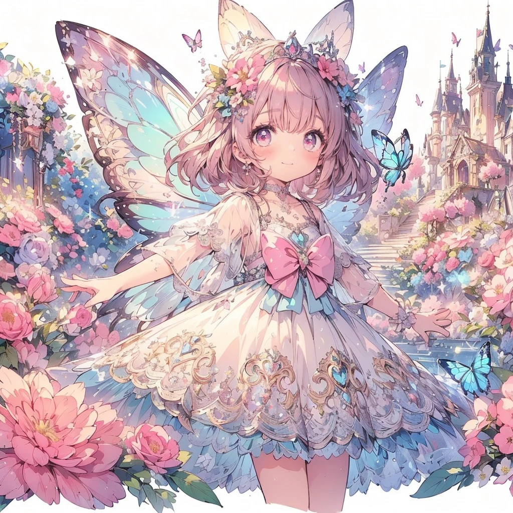 (Exquisite, beautiful, Very detailed, masterpiece, High resolution,high quality,High resolution),(Well-formed face,Soft and thin lines: 1.2, beautiful, Delicate and vivid illustrations with a mature and clear feel), A fairy princess with butterfly-like wings is walking with a smile in a gorgeous garden filled with flowers.,whole body,Princess's Castle,flower,flower petals,(Transparent fairy wings grow from your back), (Dazzling Smile), (tiara, Earrings, choker), Ball Gown Dress,Ribbons, lace and frills, (Pale pink blush, Plump pink lips,Large Bust,Fair skin, Good style),Bright colors,Eye-catching colors,Dynamic Angles
