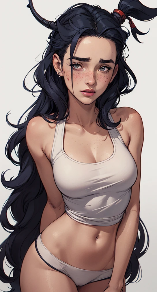 illustration style, corpo nu lindo e despido com maravilhoso, Well-detailed body small and medium breasts well-designed character style Completely bare breasts showing a little fear Breast size Cartoon name: Isabella Cruz white background medium breasts freckled face Jennifer Connelly actress strong contours Physical description - long straight hair, tingidos de um marrom vibrante que contrasta com sua pele clara. - You reflect a mix of curiosity and determination. - Ela tem uma estatura alta, with a slender and agile figure, evidenciando sua agilidade e destreza. -fundo colorido Design de personagens de retrato, beautiful digital illustration, retrato de alta qualidade, Arte em quadrinhos, Corpo inteiro sensualizando ou pelada. folha de retorno. back sheet outfit of the day hellish day expression of hatred and blood on the face with beautiful breasts without clothes naked with wonderful and well detailed body small medium breasts well designed one with white tank top