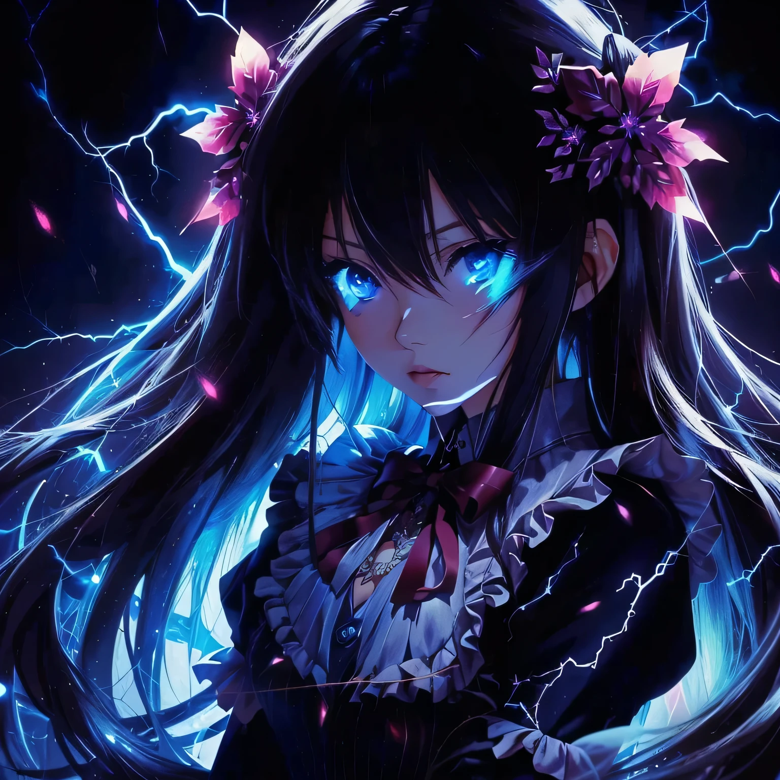 anime girl with blue eyes and long hair with lightning in the background, estilo anime 4k, papel de parede de anime 4K, papel de parede de anime 4k, nightcore, papel de parede de anime 4k, hd papel de parede de anime, Papel de parede de arte anime 4k, papel de parede de arte de anime 4k, papel de parede de anime, papel de parede de arte de anime 8 K, estilo de arte anime moe, gothic maiden anime girl