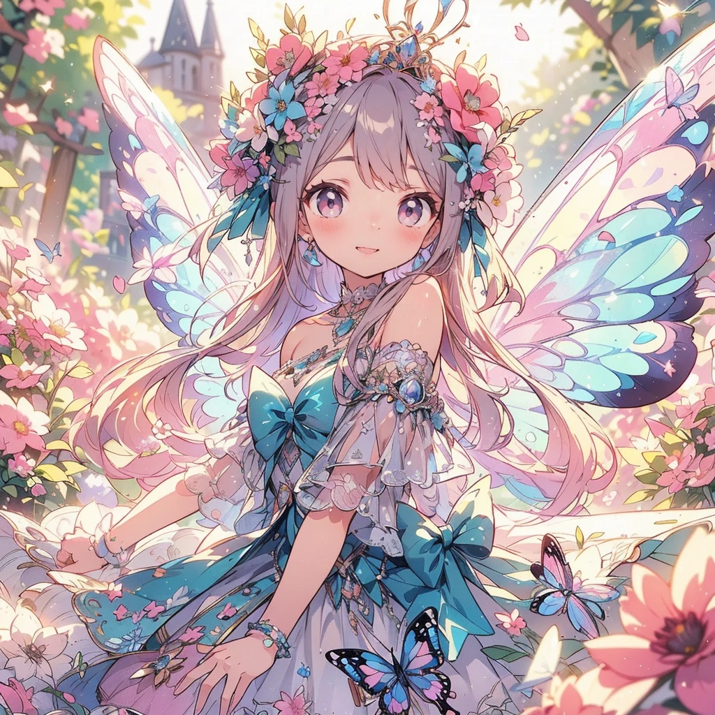 (Exquisite, beautiful, Very detailed, masterpiece, High resolution,high quality,High resolution),(Well-formed face,Soft and thin lines: 1.2, beautiful, Delicate and vivid illustrations with a mature and clear feel), A fairy princess with butterfly-like wings is walking with a smile in a gorgeous garden filled with flowers.,whole body,Princess's Castle,flower,flower petals,(Transparent fairy wings grow from your back), (Dazzling Smile), (tiara, Earrings, choker), Ball Gown Dress,Ribbons, lace and frills, (Pale pink blush, Plump pink lips,Large Bust,Fair skin, Good style),Bright colors,Eye-catching colors,Dynamic Angles