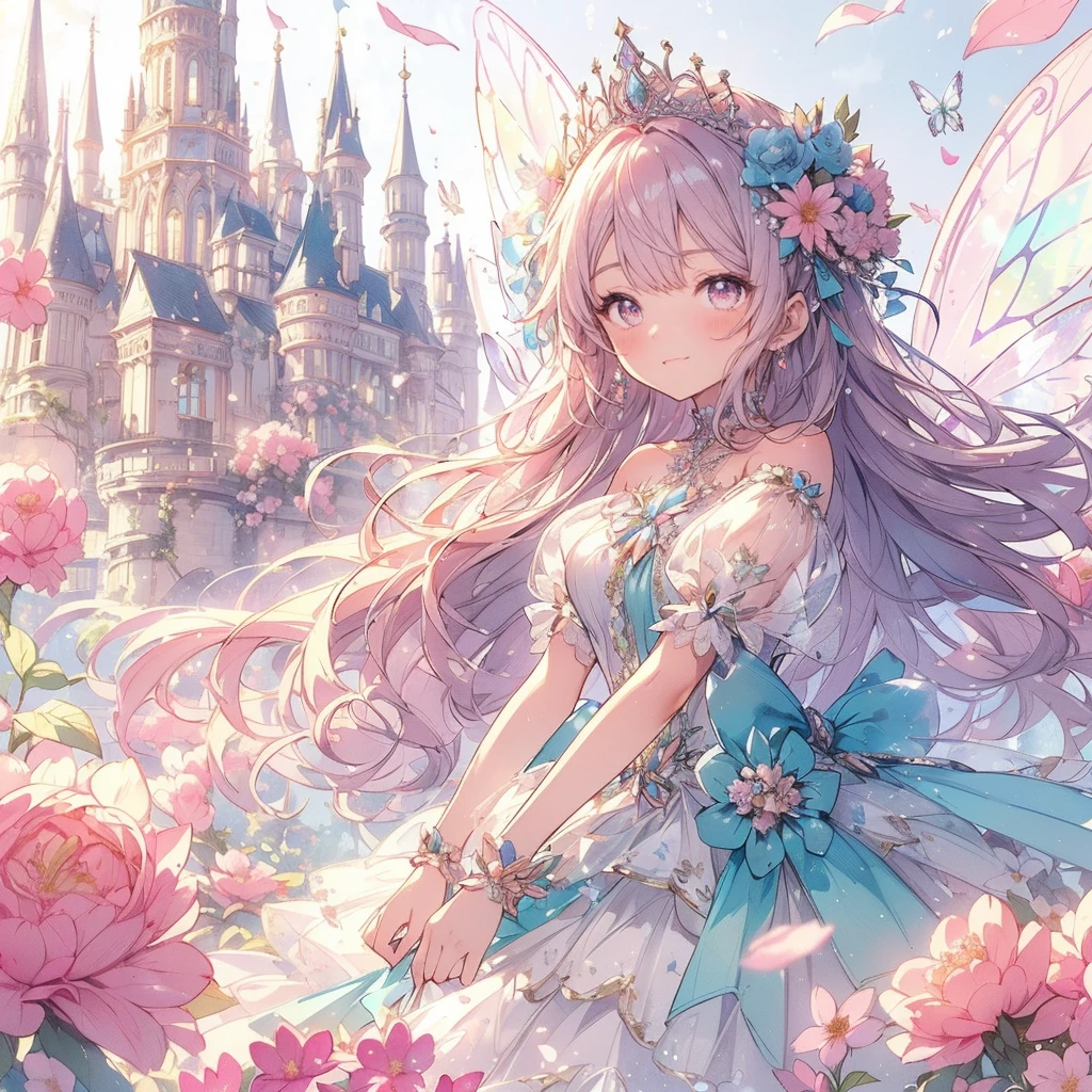 (Exquisite, beautiful, Very detailed, masterpiece, High resolution,high quality,High resolution),(Well-formed face,Soft and thin lines: 1.2, beautiful, Delicate and vivid illustrations with a mature and clear feel), A fairy princess with butterfly-like wings is walking with a smile in a gorgeous garden filled with flowers.,whole body,Princess's Castle,flower,flower petals,(Transparent fairy wings grow from your back), (Dazzling Smile), (tiara, Earrings, choker), Ball Gown Dress,Ribbons, lace and frills, (Pale pink blush, Plump pink lips,Large Bust,Fair skin, Good style),Bright colors,Eye-catching colors,Dynamic Angles