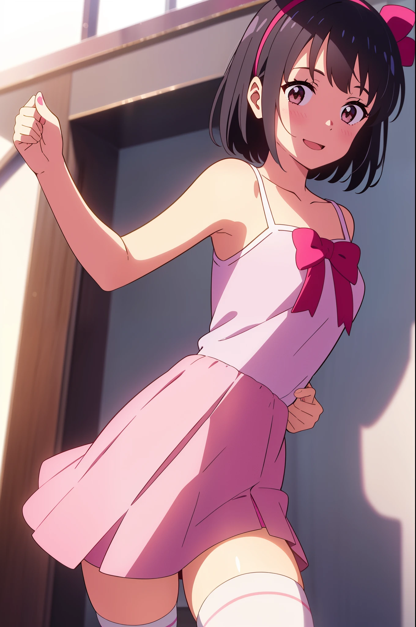 shinkai makoto, kimi no na wa., 1girl, bangs, black hair, blush, brown eyes, idol, idol dress, collarbone, red headband, red ribbon, pink crop top, pink skirt, black thighhighs, short hair, smile, cute, solo, open mouth, bare shoulder, white background, modelling, upper-body