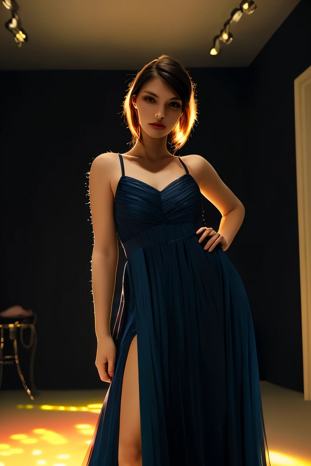 Model and background intact, Beautiful woman wearing a dress in a dark, narrow room, Background with colorful lights reflecting, model pose,