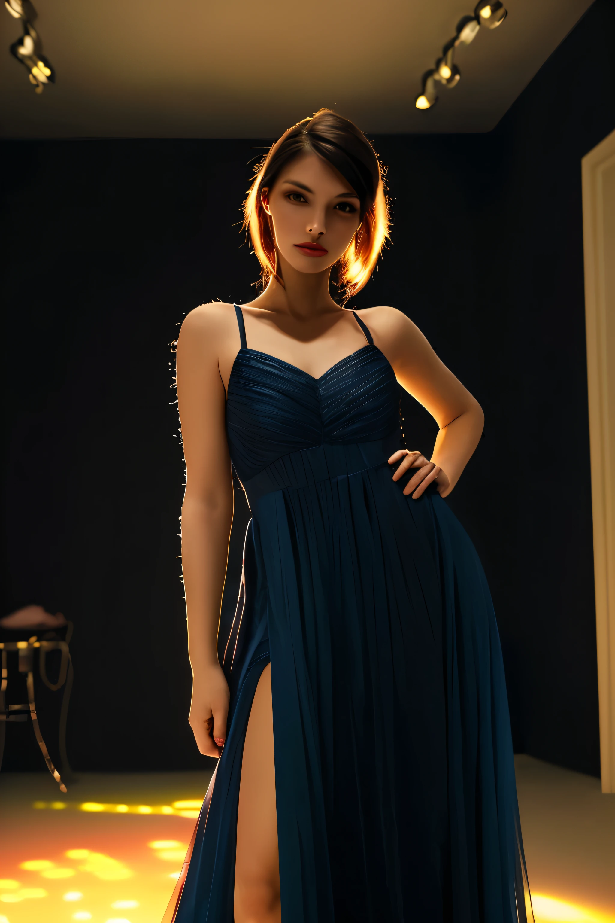 Model and background intact, Beautiful woman wearing a dress in a dark, narrow room, Background with colorful lights reflecting, model pose,
