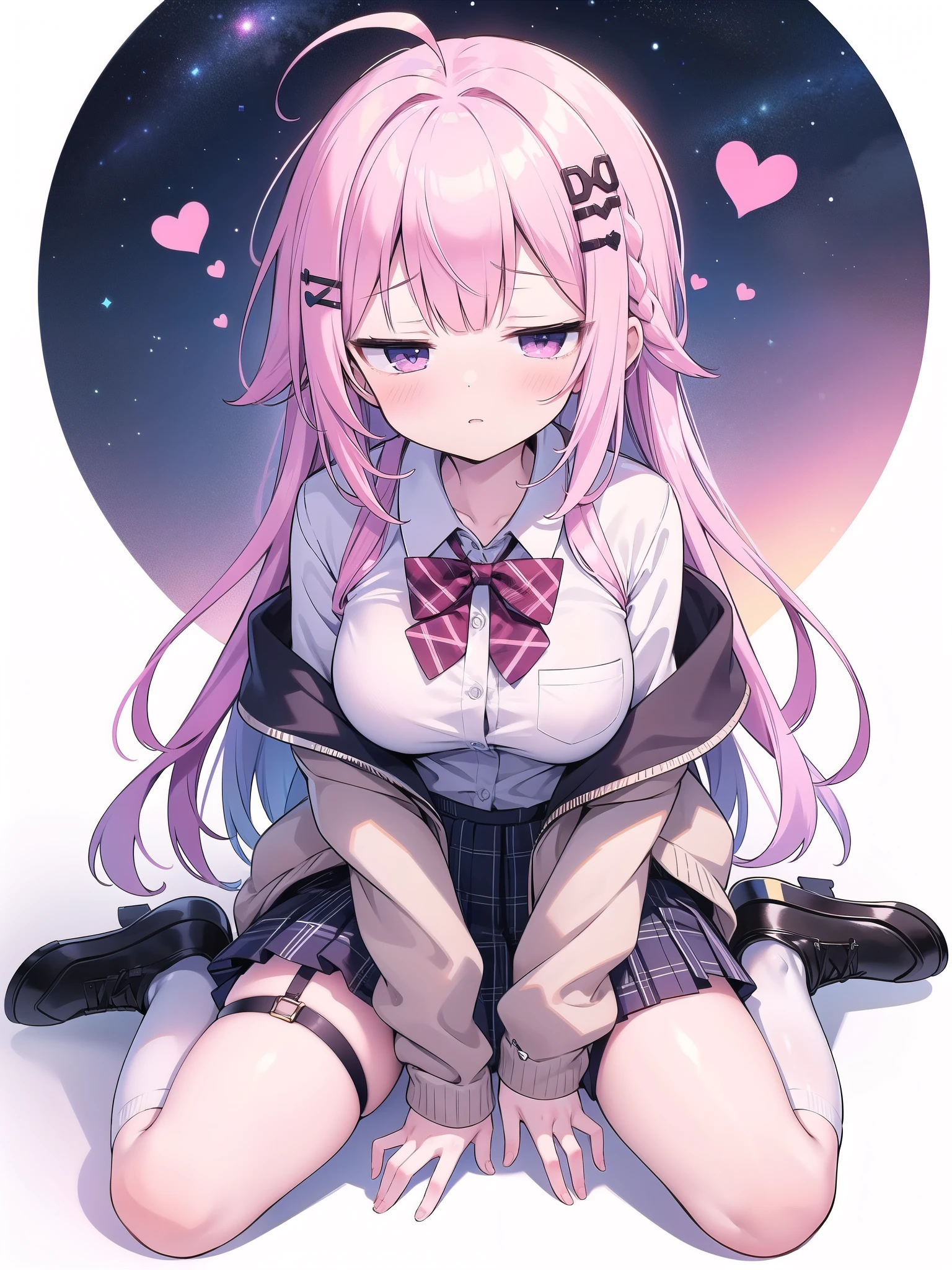garter belt,Pink Panties,Big breasts with legs spread,High Resolution 1girl Ahoge Bobby_pin bow bowtie braid brOwn_目s collared_shirt dojikko_Temporarily stop_shirt frilled_shirt_Color Free Joint_skirt frills hair_bow hair_ornament hairpin hand_in addition_Own_head, heart, heart_hair_Decorative hood_jacket jacket lin additiong_Pentagon Pink_hair plaid plaid_Ribbon Check_Pleated skirt_skirt shirt shoelaces shoes simple_background sitting skirt solo star_(symbol) twin_Braided Warisa White_Background bus stop_Knee socks, whole body