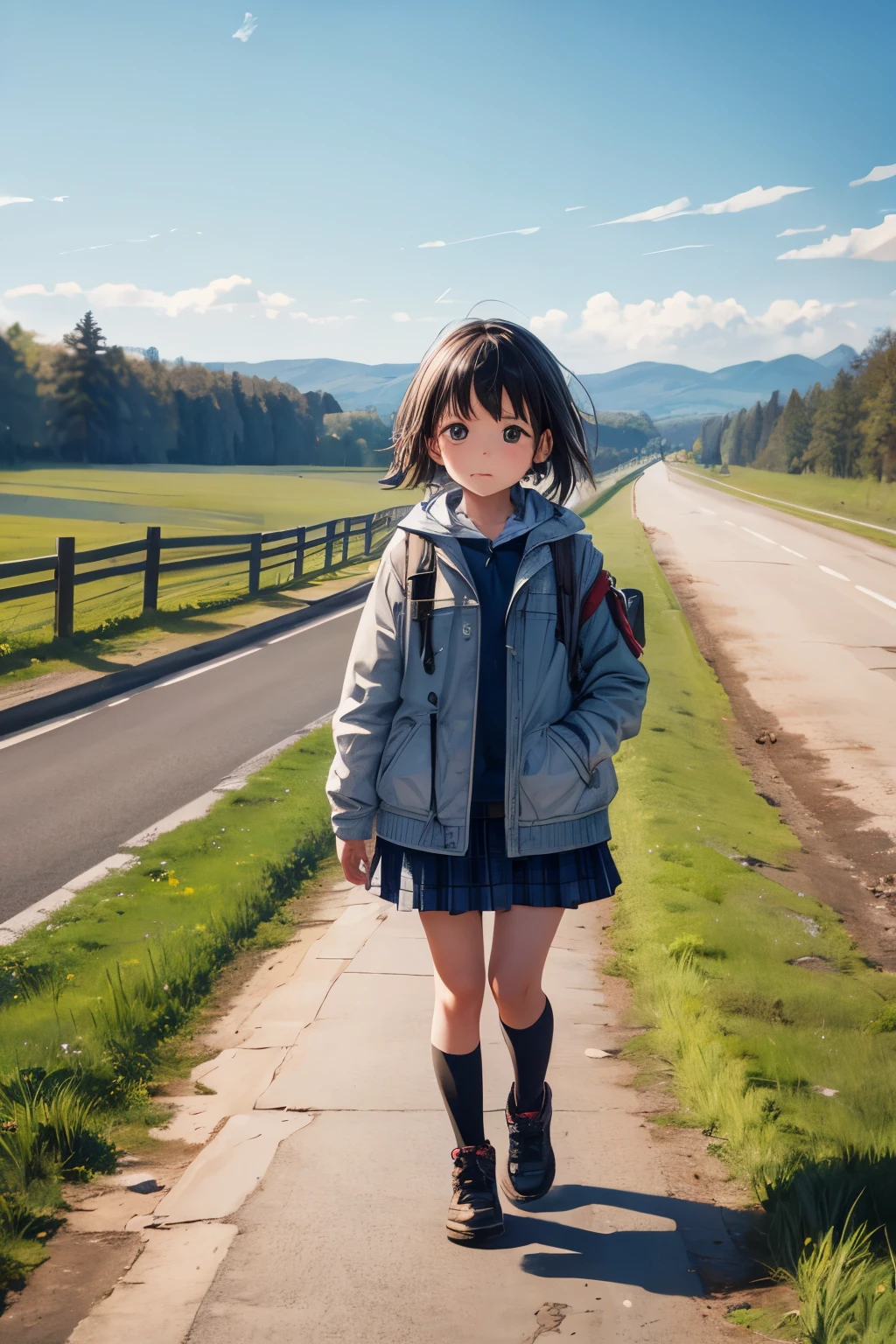 A little girl walking on a country road