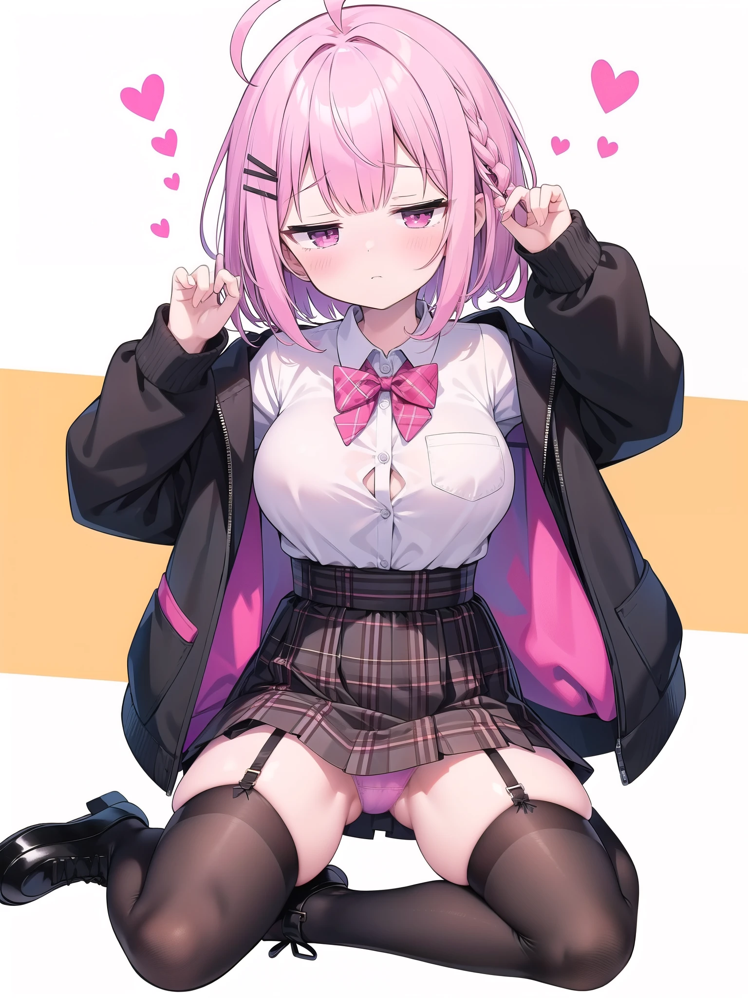 garter belt,Pink Panties,Big breasts with legs spread,High Resolution 1girl Ahoge Bobby_pin bow bowtie braid brOwn_目s collared_shirt dojikko_Temporarily stop_shirt frilled_shirt_Color Free Joint_skirt frills hair_bow hair_ornament hairpin hand_in addition_Own_head, heart, heart_hair_Decorative hood_jacket jacket lin additiong_Pentagon Pink_hair plaid plaid_Ribbon Check_Pleated skirt_skirt shirt shoelaces shoes simple_background sitting skirt solo star_(symbol) twin_Braided Warisa White_Background bus stop_Knee socks, whole body