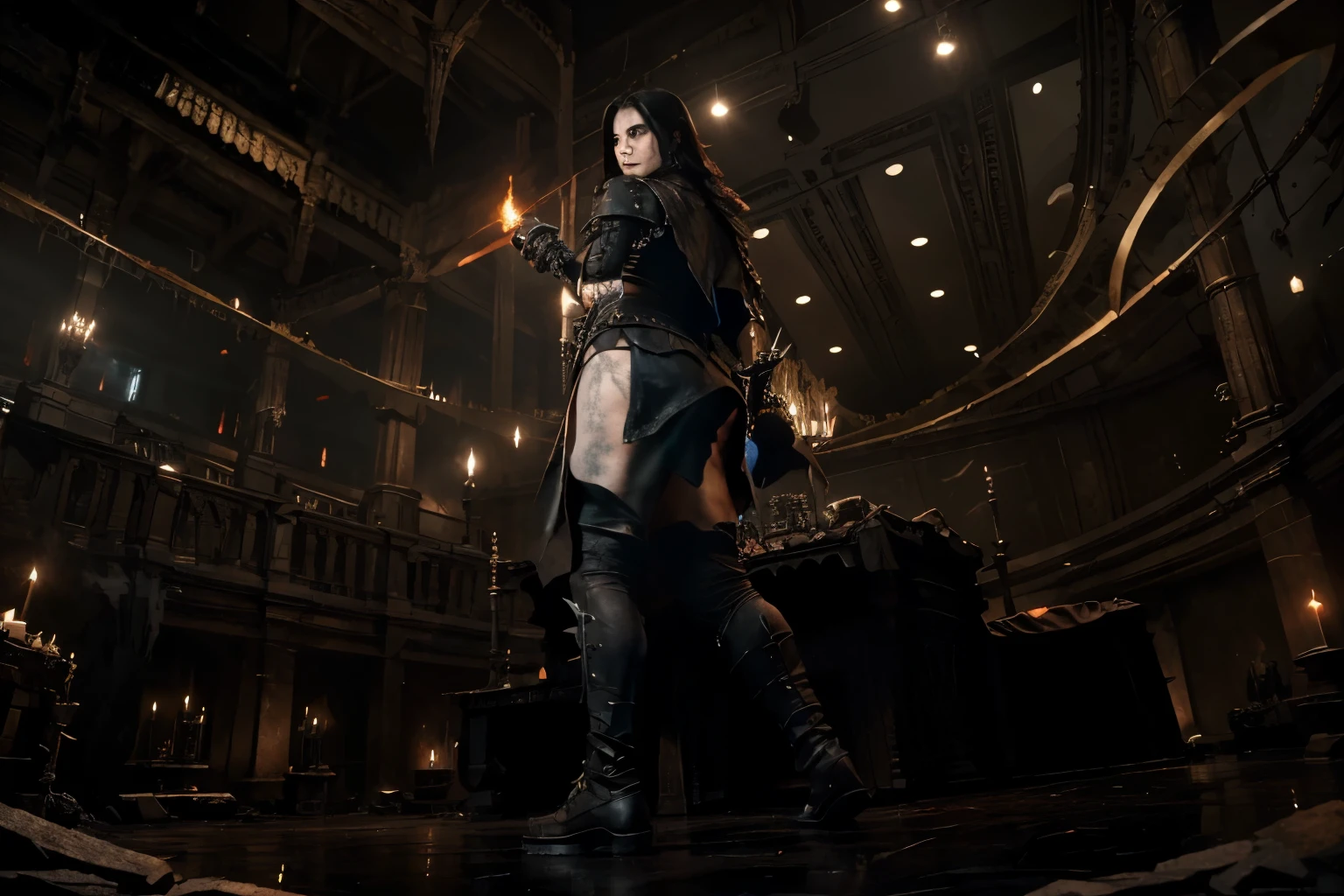 (Best quality, 8k, 32k, Masterpiece, UHD:1.2) "Transform the image to depict the Shao Khan stage from Mortal Kombat. The setting should feature a dark, ominous throne room with a grand, menacing throne at the center. The background should include towering, gothic architecture with jagged pillars and flickering torches casting eerie shadows. Add a blood-red sky visible through the windows, with the ground scattered with bones and skulls. The overall atmosphere should be foreboding and oppressive, reflecting the brutal and violent world of Mortal Kombat."