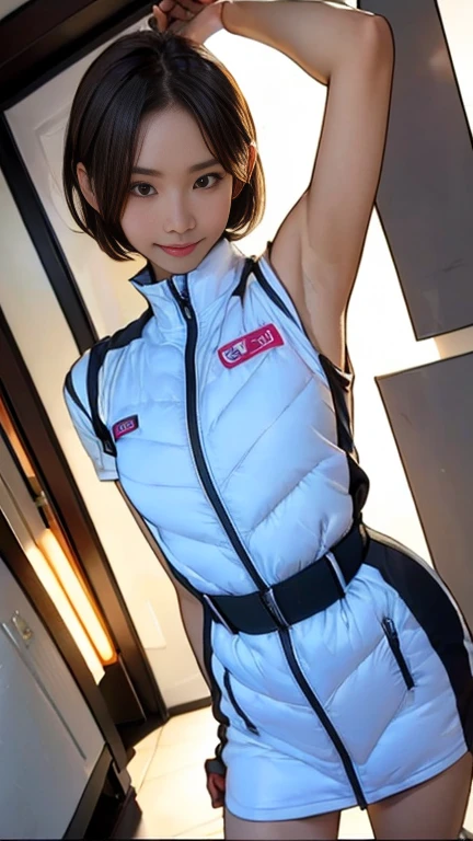Actual,best Actual quality:1.1),(photo shoot:1.1),(High resolution), (Highly detailed and Actual face),Half Body,(Actual human skin),(everyone),(White skin of a 15 year old,Light brown short bob, Wear a sexy tight astronaut suit,) A room in the space station, ((15-year-old girl, Young Smile, slim, Narrow waist, Thin thighs, Thin arms)), ((Raise your arms, Please show me your armpits))