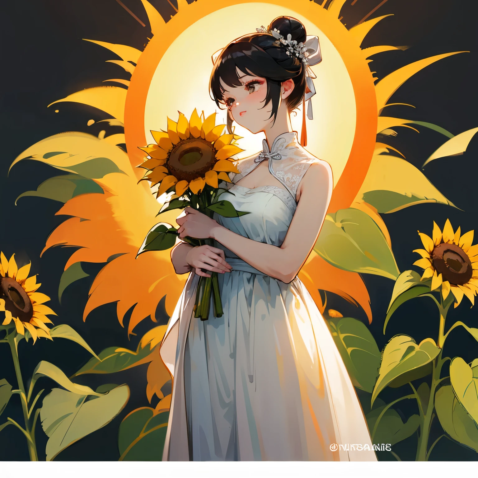 A bridesmaid wearing a beautiful Chinese white dress and her hair is in a cute bun with a elegant bow and she is holding sunflowers and the background is in a beautiful church