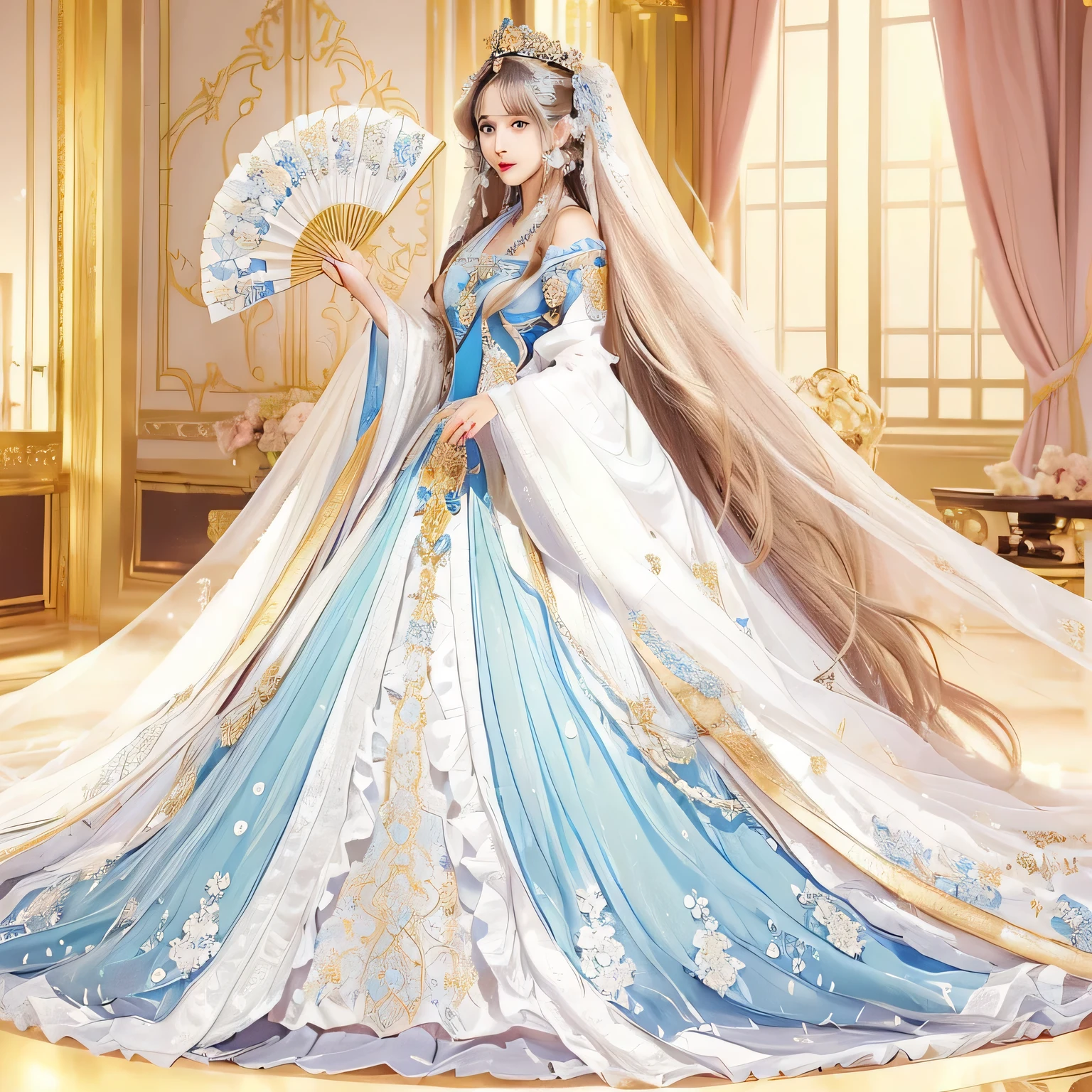 a woman in a blue and white dress holding a fan, ((a beautiful fantasy empress)), cute anime waifu in a nice dress, gilded lotus princess, royal elegant pose, a beautiful fantasy empress, anime princess, flowing magical robe, imperial royal elegant clothing, anime goddess, ornate flowing robe,  in dress, palace ， a girl in hanfu, ornate royal gown