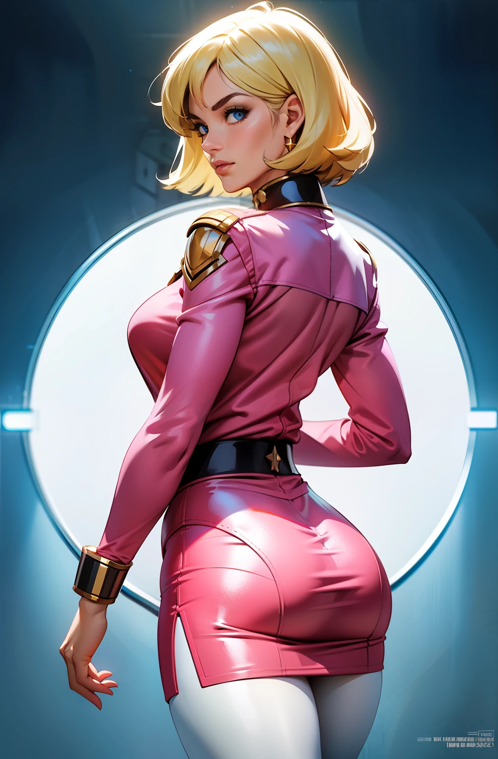 ((masterpiece)), ((cinematic lighting)), realistic photo、Real Images、Top image quality、1girl in, sayla mass, Elegant, masterpiece, Convoluted, slim arms, wide hips, thick thighs, thigh gaps, Best Quality, absurderes, high face detail, Perfect eyes, mature, Cowboy Shot, , Vibrant colors, soft pink uniform, soft pink Skirt, white tights, side view, looking at viewer