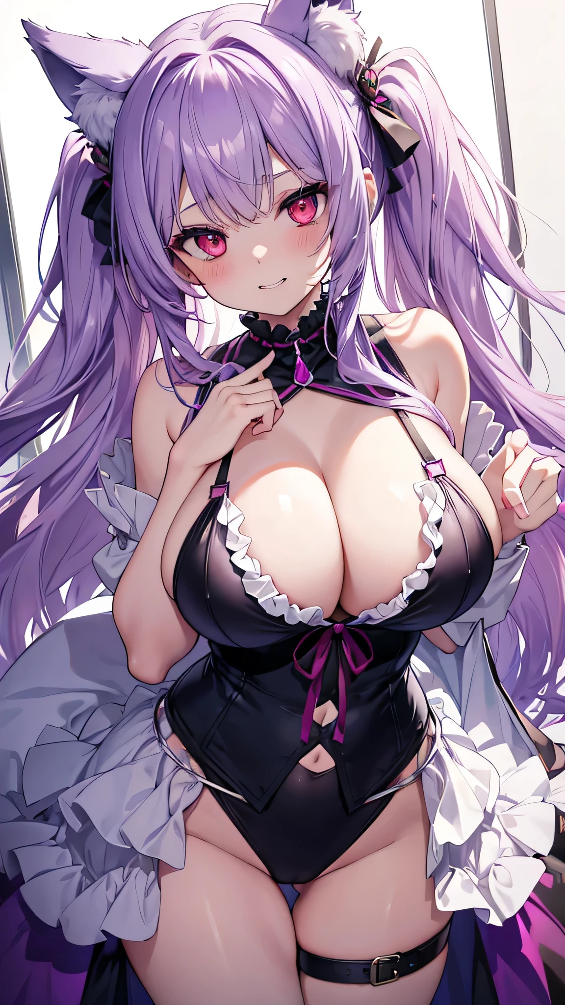 Wolf Woman, Big Breasts, Voluminous light purple hair, One girl, masterpiece , Red eyes、Double teeth、tooth、Blushed cheeks、 hd, Head to Chest, buried in my chest、Underbust、Cleavage、Frilled bikini、Big Tits、Open your mouth wide、Grin、White Iris、