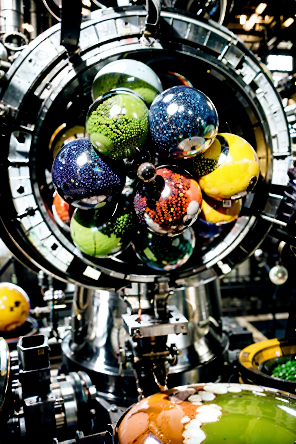 Create the image of a vibrant factory setting where workers sort colorful materials. The factory should have an industrial environment with machines and equipment in the background. In the center of the image, there should be a large machine pouring VARIOUS bright colored liquids into a circular arrangement of compartments, each filled with colored powders. The spheres should be organized by color, creating a rainbow effect around the machine. Workers in the background of the image wearing hard hats and gloves tend to the spheres, ensuring they are properly sorted. The atmosphere must be dynamic, showing the color classification and production process, 1:9 