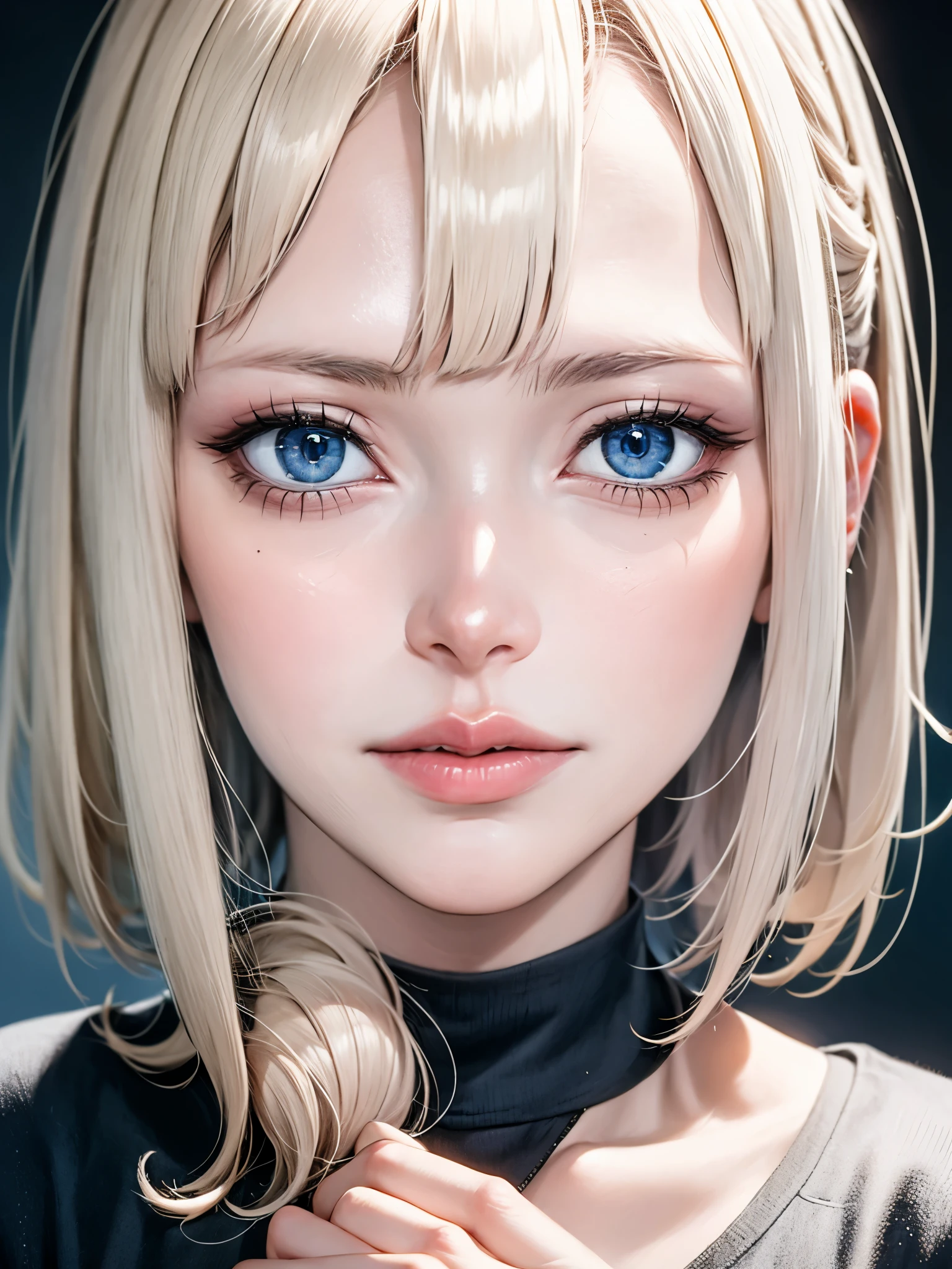 (sfw:1.8),Real、8K、(masterpiece), (Very complicated:1.3), (Realistic), 1 female、Woman portrait、28 years old、round face、Blue Eyes、Close-up of face、Big Eyes、Drooping eyes、 short hair、The most beautiful in the world,, White skin、delicate、 Upper Body, night、 Strong lighting, Detailed professional photos of beautiful women, Sharp focus, Cinema Lighting, rendering , ( Blurred Background, Depth of written boundary),((Realistic)), ((Sharp focus)), (Highest Resolution), ((masterpiece)), プロフェッショナルCinema Lighting、 (Perfect hands), （Perfect Fingers）