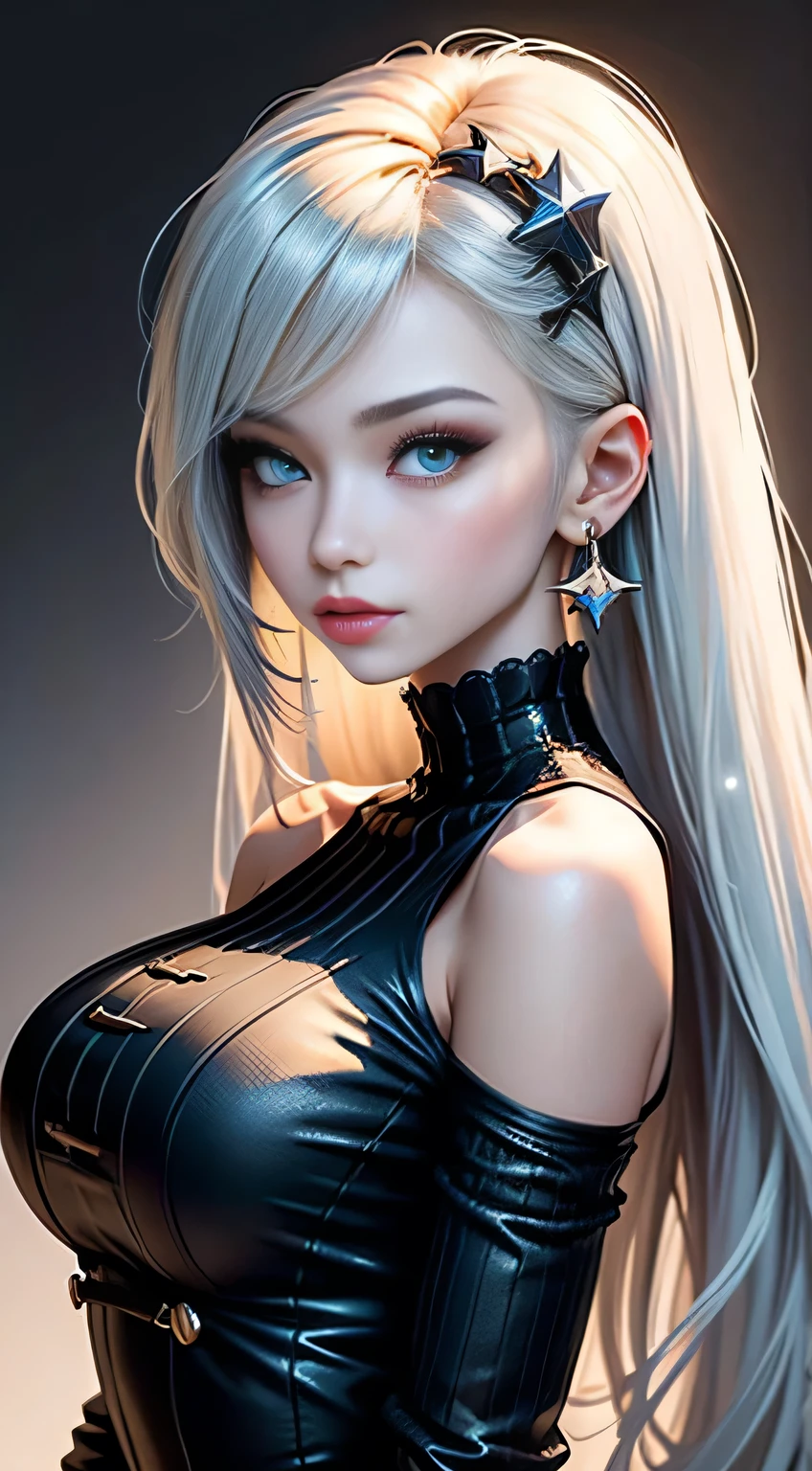 sfw, masterpiece,(masterpiece, top quality, best quality), 1girl, solo, long hair, jewelry, earrings, black background, looking at viewer, blue eyes, upper body, white hair, simple background, bangs, hand up, hair ornament, from side, light particles, bare shoulders, sparkle, long sleeves, breasts, blonde hair, dress, star (symbol), lips, eyelashes, wearing bra,((skinny waist)), young asian girl, ((big breasted)),