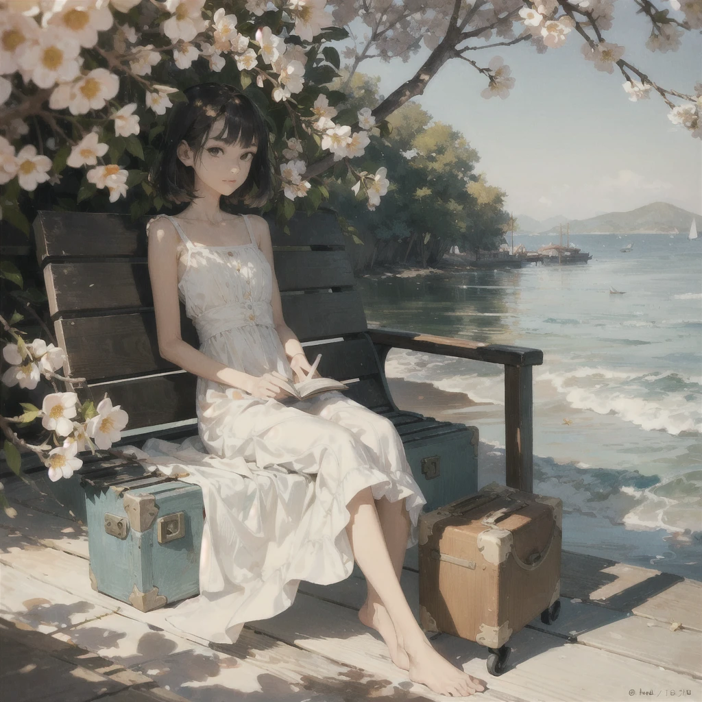 A gentle, slender, thin girl with an exquisite, perfect, very beautiful face of the southern type with large alien eyes in a light sundress, barefoot on the pier on benches, reading a book under a flowering tree, next to it is a small old suitcase, soft amber evening light, warm sun, gentle waves, mint and peach shades