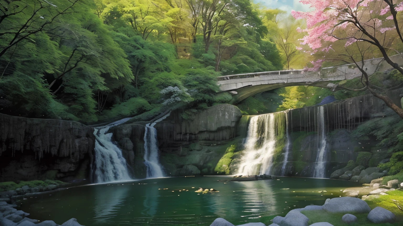 A place of peace and tranquility with trees, flowers and waterfalls