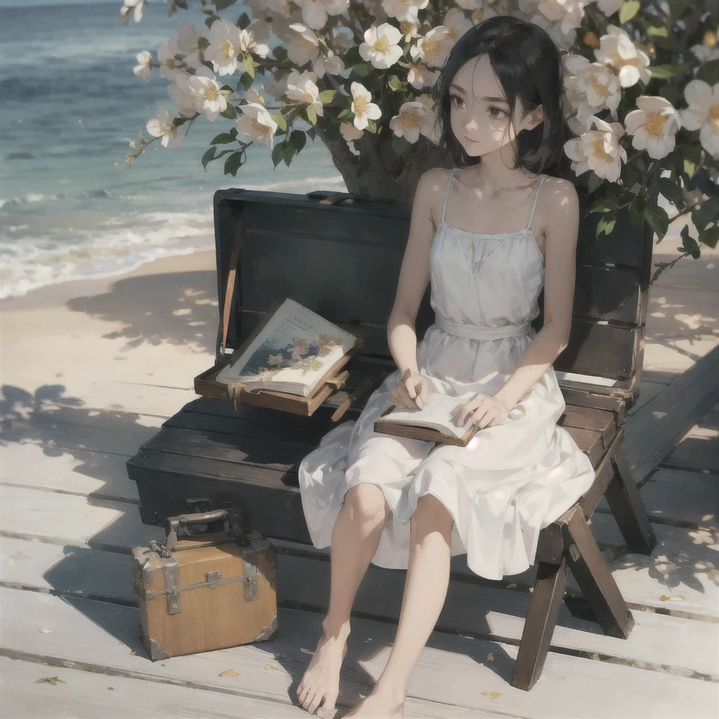 A gentle, slender, thin girl with an exquisite, perfect, very beautiful face of the southern type with large alien eyes in a light sundress, barefoot on the pier on benches, reading a book under a flowering tree, there is a small old travel suitcase on the ground nearby, soft amber evening light, warm sun, gentle waves, mint and peach shades