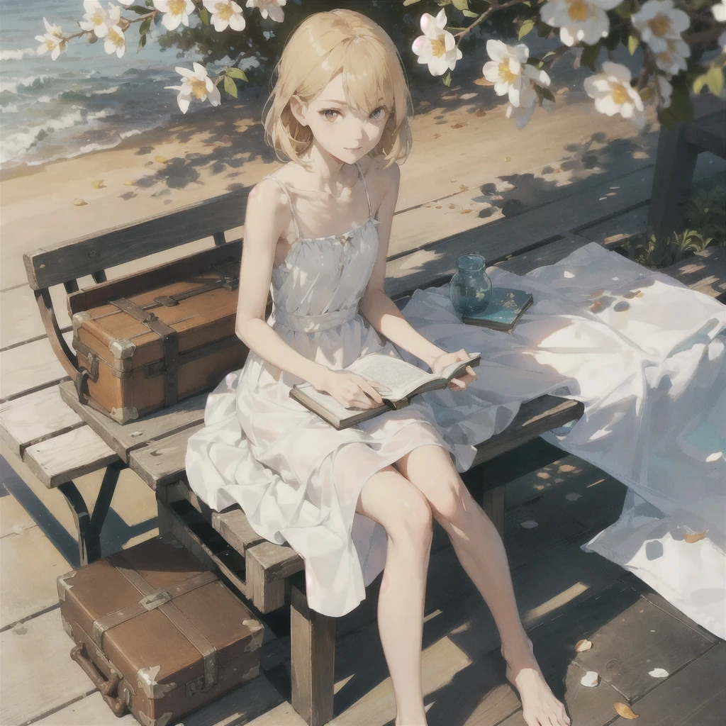 A gentle, slender, thin girl with an exquisite, perfect, very beautiful face of the southern type with large alien eyes in a light sundress, barefoot on the pier on benches, reading a book under a flowering tree, there is a small old travel suitcase on the ground nearby, soft amber evening light, warm sun, gentle waves, mint and peach shades
