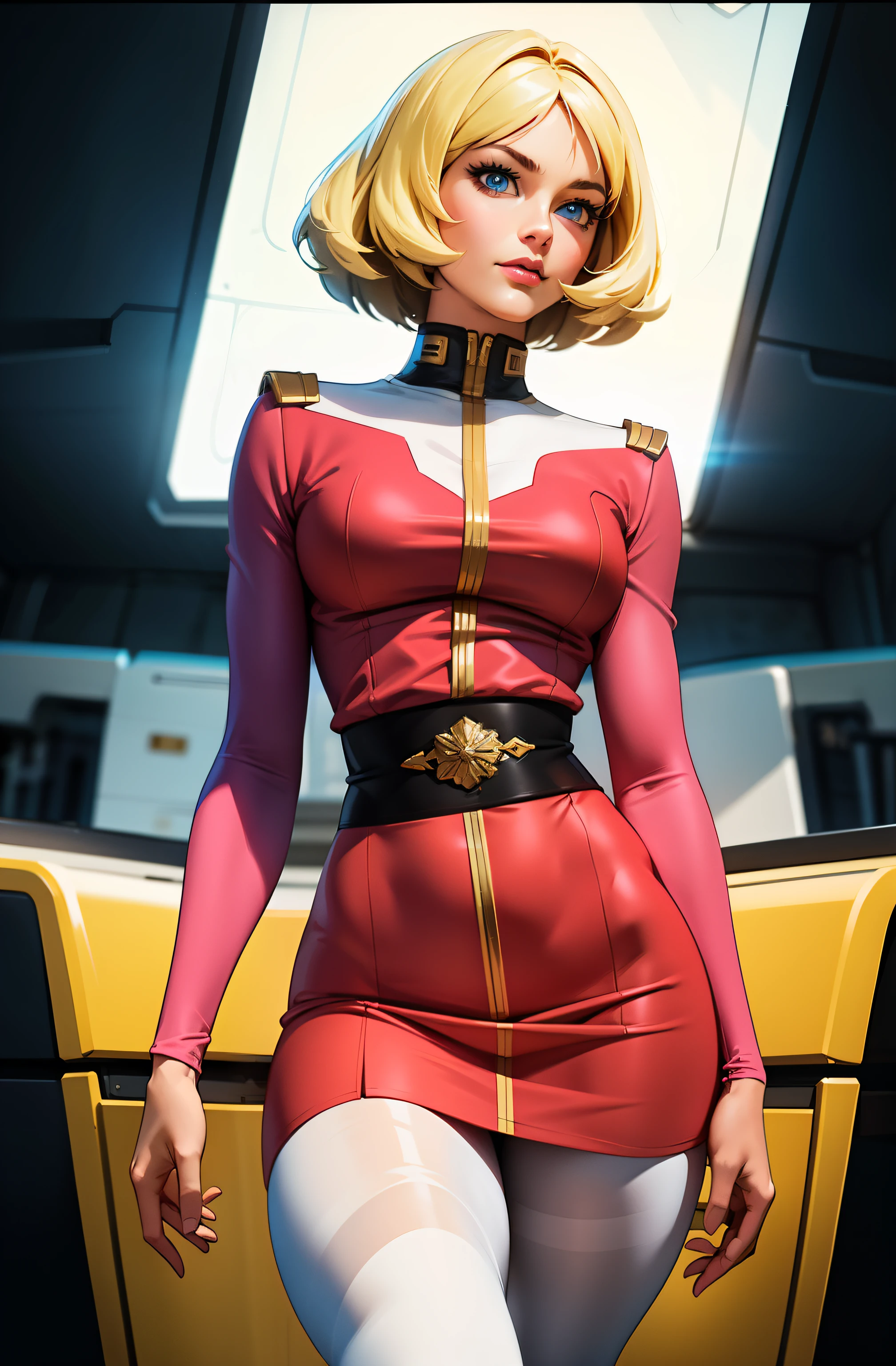 ((masterpiece)), ((cinematic lighting)), realistic photo、Real Images、Top image quality、1girl in, sayla mass, Elegant, masterpiece, Convoluted, slim arms, wide hips, thick thighs, thigh gaps, Best Quality, absurderes, high face detail, Perfect eyes, mature, Cowboy Shot, , Vibrant colors, soft pink uniform, soft pink Skirt, white tights, side view, looking at viewer