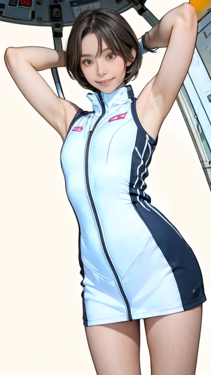 Actual,best Actual quality:1.1),(photo shoot:1.1),(High resolution), (Highly detailed and Actual face),Half Body,(Actual human skin),(everyone),(White skin of a 15 year old,Light brown short bob, Wear a sexy tight astronaut suit,) Space Stationの一室, ((15-year-old girl, Young Smile, slim, Narrow waist, Thin thighs, Thin arms)), ((Raise your arms, Please show me your armpits)),BREAK Inside the spaceship、Space Station、acrobatic pose
