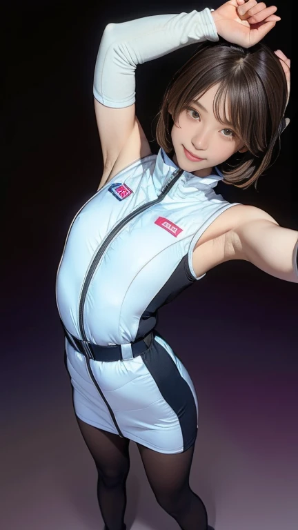 Actual,best Actual quality:1.1),(photo shoot:1.1),(High resolution), (Highly detailed and Actual face),Half Body,(Actual human skin),(everyone),(White skin of a 15 year old,Light brown short bob, Wear a sexy tight astronaut suit,) Space Stationの一室, ((, Young Smile, slim, Narrow waist, Thin thighs, Thin arms)), ((Raise your arms, Please show me your armpits)),BREAK Inside the spaceship、Space Station、acrobatic pose