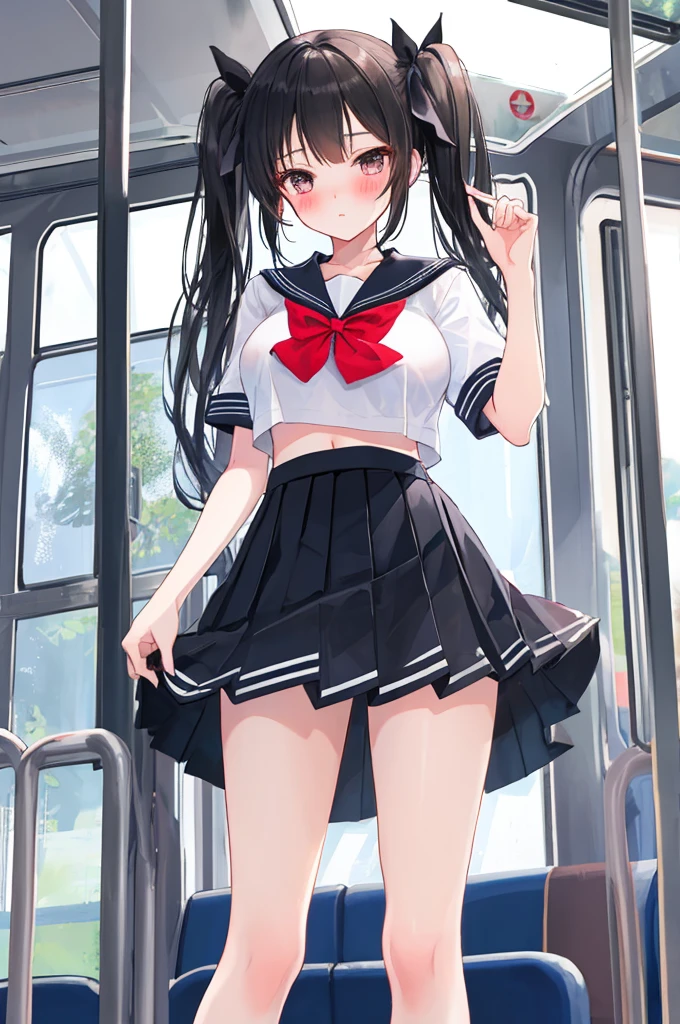 18 year old girl, (black haired), sailor suit, on the train, Are standing, enchanting smile, blush, Nipples visible through thin shirt, She pulls up her skirt, Skirt flip, white panties, angle from below, sexual mischief, She shows her panties