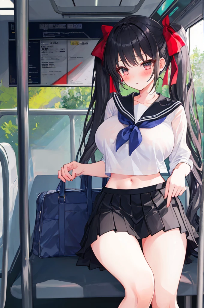 A girl，twintails，Long hair，Black Hair，((transparent))，Big tall breasts，ta skirt，Sailor Suit，Flowing fabric，Slim waist，Showing belly，Smooth legs，blush，On the bus，