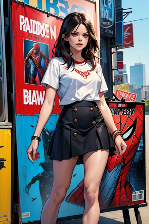 Rachel Bilson、Marvel Comics Movie Poster, Very beautiful, Movies about Spiderman, sexy, whole body, I'm wearing a skirt、Premiere date, Poster、belly buttonを突き出す、new york、She&#39;s wearing a torn Spider-Man suit,The suit is torn、Wearing a skirt、 Red and black color scheme,dynamic、masterpiece、highest quality、Ultra-detailed、Very detailed、A delicate and beautiful shine、超A high resolution、Cinematic,Break,Breakdrop,(Torn clothes:1.5), (Wet clothes:1.4), Bare shoulders,Real Rain,Wet Hair,belly button、Exposing Skin、Showing off her sexy shoulders