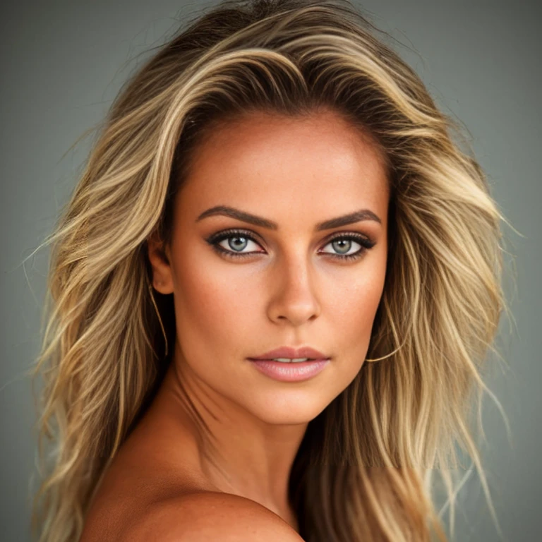 Um retrato fotorrealista de uma supermodelo brasileira bronzeada incrivelmente bonita com maquiagem leve, foto para a capa de uma revista de moda, olhos de mel extremamente detalhados, detailed symmetric realistic face, textura natural extremamente detalhada, peach fluff, windy messy hair, sexy, master part, absurdos, Foto premiada por Lee Jeffries, Nikon D850 Filme Fotografia Stock, kodak portra 400 camera f1.6 lentes, extremamente detalhado, Amazing, detalhes finos, cores ricas, textura realista hiper realista, dramatic lighting, UnrealEngine, trending on ArtStation, cinestill 800 tungsten, Looking at the Viewer, foto realista, Foto RAW, TanvirTamim, alta qualidade, Altas, sharp focus, extremamente detalhado, Cinematic lighting, 8k UHD,-imaginar-