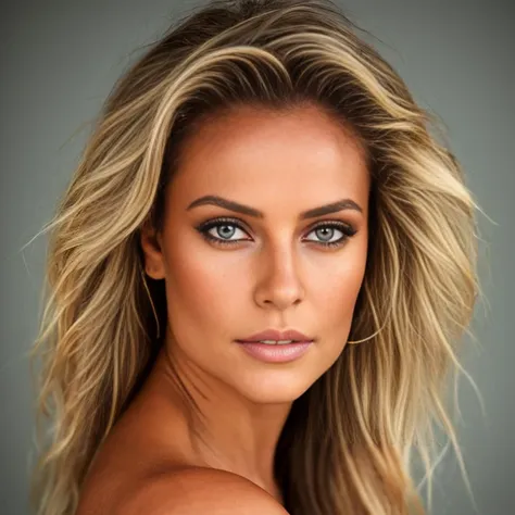 um retrato fotorrealista de uma supermodelo brasileira bronzeada incrivelmente bonita com maquiagem leve, foto para a capa de um...