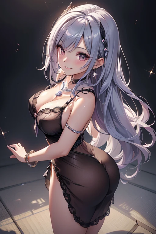 (from above:1.2),(from side:0.9), ((Face)), (Close-Up:0.4), (RAW photo:1.2), delicate and beautiful, wonderful, Fine detail, official art, huge file size, Ultra-detailed, very detailed girl, very detailed eyes and face, Bright on the face、Photorealistic perfect body、Ultra-high image quality、Ultra-high realistic image quality,(with sparkling eyes and a contagious smile),(her thin pubic hair:1.4),(Japan Gal:1.3)、(age face:0.8)、(cute black see-through nightgown)、(twin)、(small-breasted:1.2)、(cleavage of the breast:1.0)、(Gravure Pose:1.4)、(Cowboy Shot、Thigh up:1.0)、Waist slender、(bangss)、(silver hair color:1.1)、(voluminous curly hair:0.3)、(long hair:1.2)、(good lighting)、A smile、Gal Style Makeup、Gal style earrings、Gal style bracelet、(Gal style long necklace)、shopping street,happy smile, smiling,((Very happy smile))、Show shoulders、Complex patterns and transparent materials、Artistic depiction of seductive women, Emphasizes her charming silhouette,