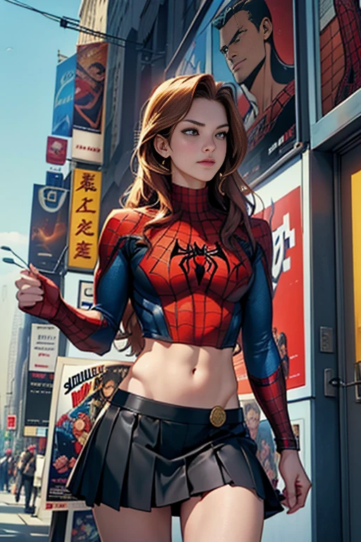 Kat Denningarvel Comics Movie Poster, Very beautiful, Movies about Spiderman, sexy, whole body, I'm wearing a skirt、Premiere date, Poster、belly buttonを突き出す、new york、She's wearing a torn Spider-Man suit,The suit is torn、Wearing a skirt、 Red and black color scheme,dynamic、masterpiece、highest quality、Ultra-detailed、Very detailed、A delicate and beautiful shine、超A high resolution、Cinematic,Break,Breakdrop,(Torn clothes:1.5), (Wet clothes:1.4), Bare shoulders,Real Rain,Wet Hair,belly button、Exposing Skin、Showing off her sexy shoulders