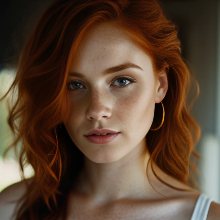 beautiful redheaded woman, freckles, slightly tilted head, dark makeup, hyper-detailed photography, soft light, head and shoulder portrait, cover, sharp focus