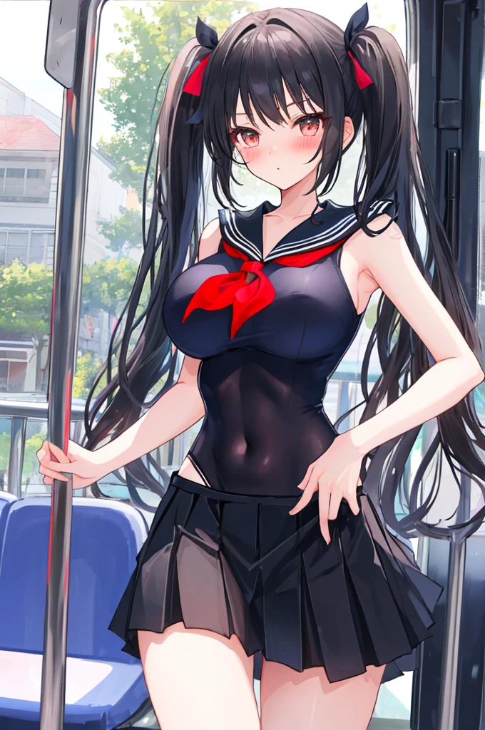 A girl,twintails,Long hair,Black Hair,((transparent)),Big tall breasts,ta skirt,Sailor Suit,Flowing fabric,Shoulderless and sleeveless,Slim waist,Showing belly,Smooth legs,blush,On the bus,